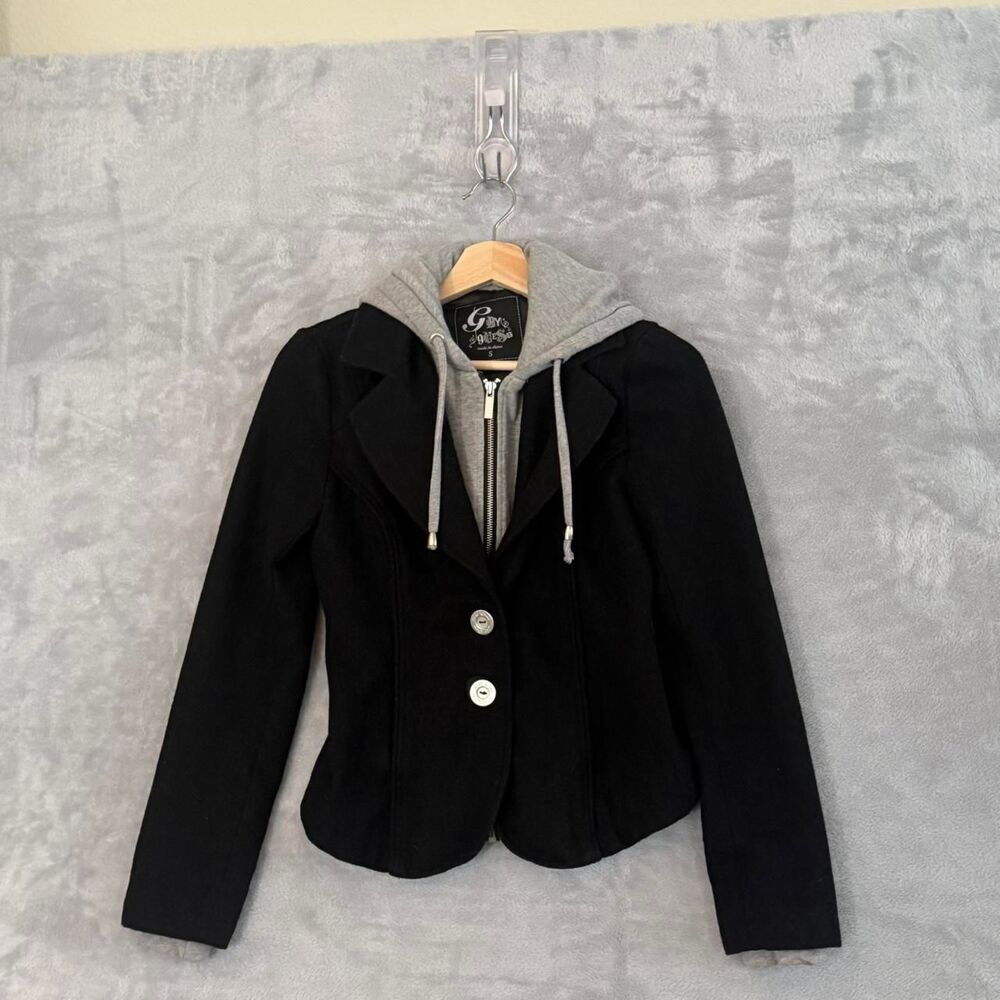 G by Guess Women's Black Wool Blazer with Grey Hoodie Detail Size Small Y2K